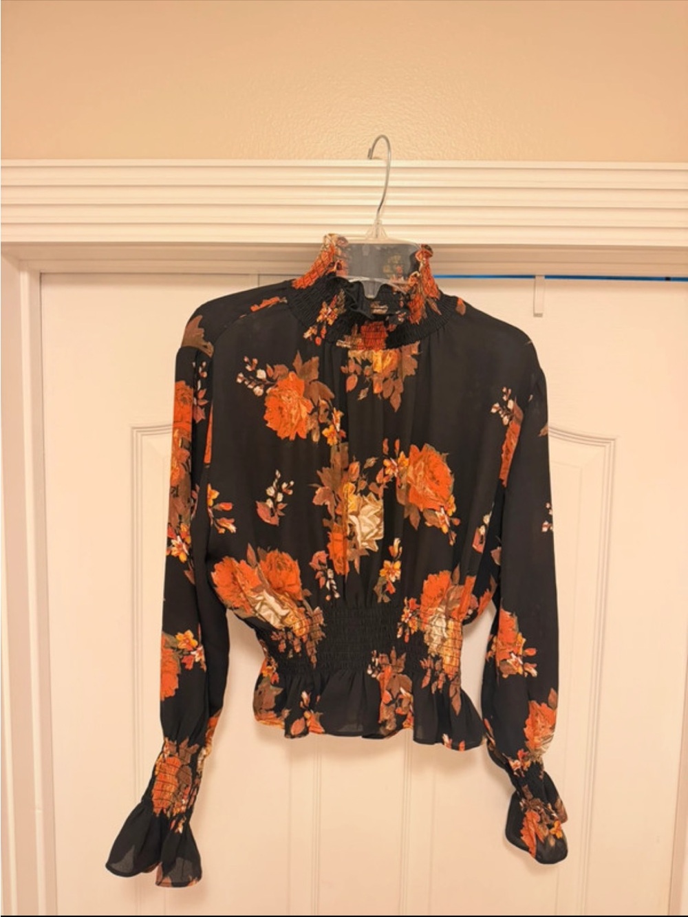 Shinestar Black Blouse with Orange Floral Print (NWOT)